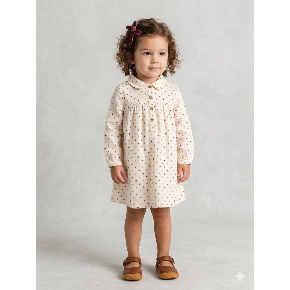 Old Navy Cream Multi Polka Dot Long Sleeve Button Front Dress Toddler 18-24M